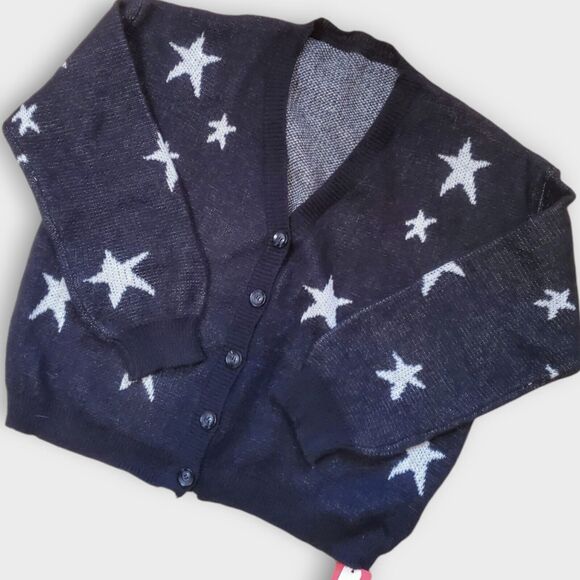Romwe NWT Cardigan Knit Sweater Black White Stars Crop Size XL, EUR 44, US 12‎ - Picture 3 of 11